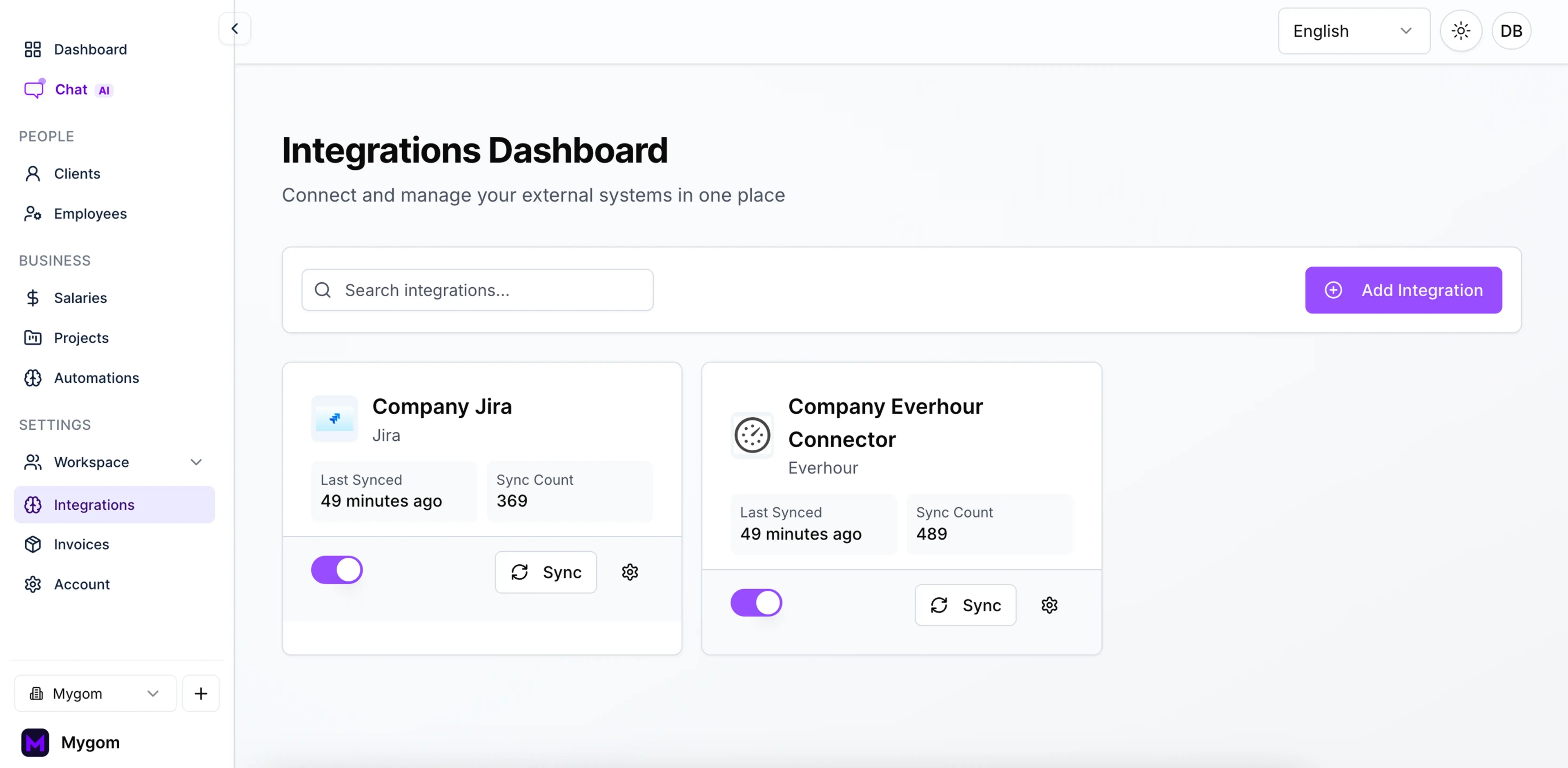 Dashboard screen displaying connected integrations to Mygom.AI - Jira, Everhour