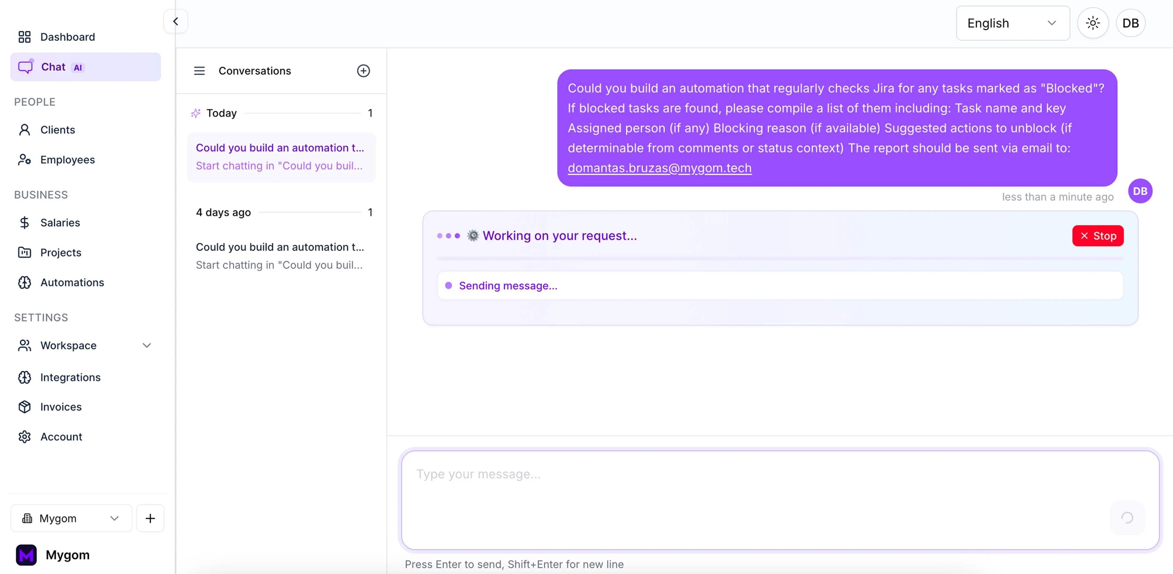User typing a natural-language prompt in the MYGOM.AI to create an automation